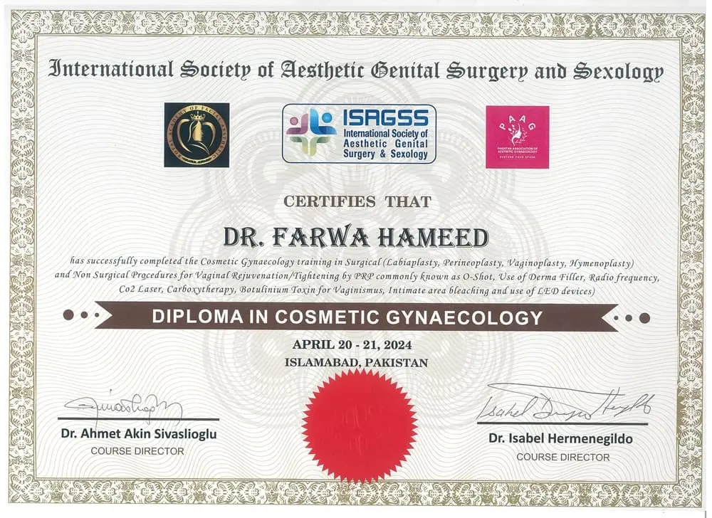 Cosmetic Diploma - Professional Medical Qualification of Dr. Farwa Hameed